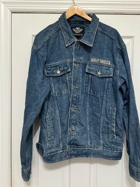 Vintage Harley Davidson Mens Embroidered Motorcycle Classic Denim Jacket Large